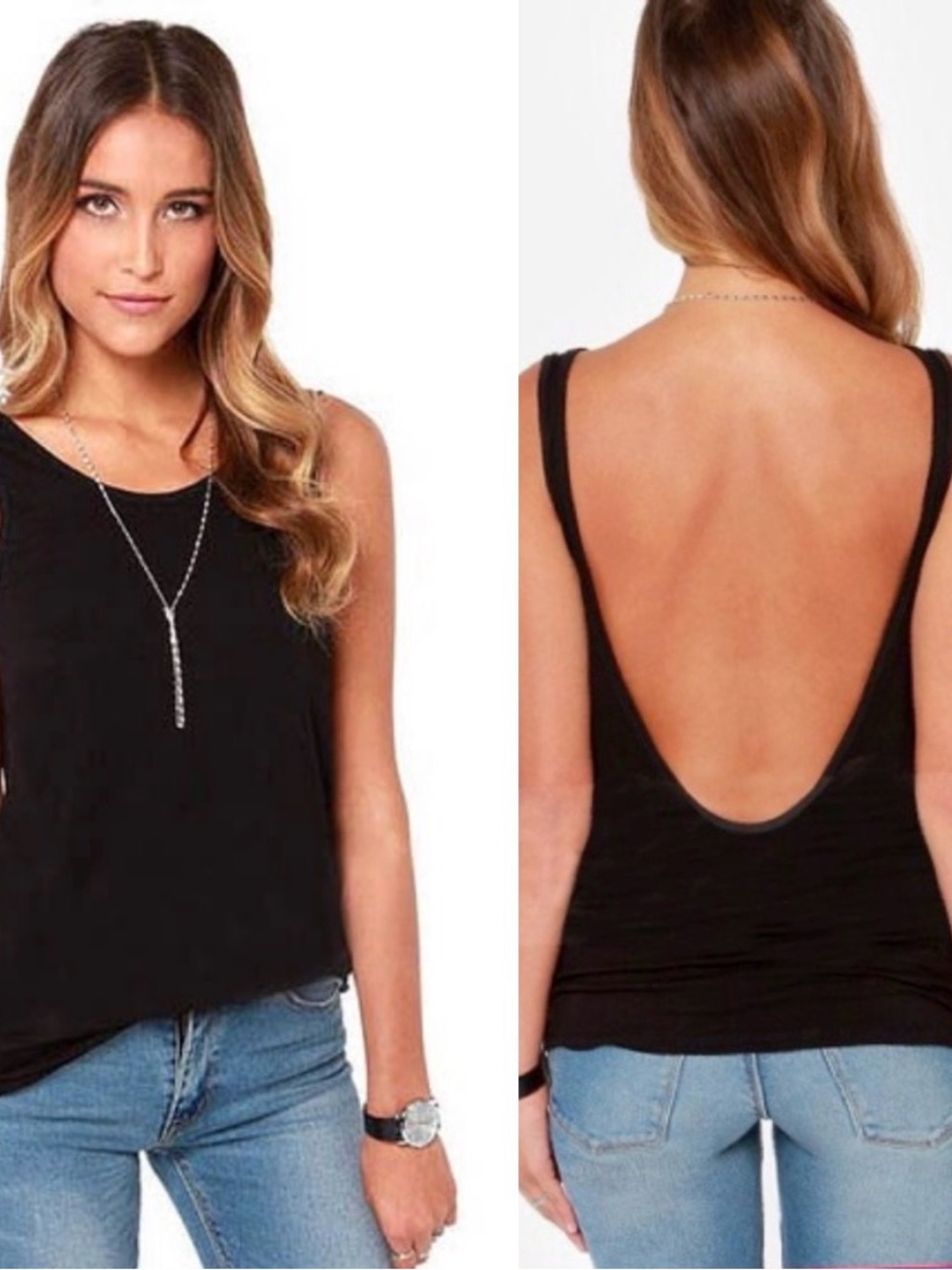 Black Deep V Back Tank Top | Open Back Casual Sleeveless Top | Soft Stretch